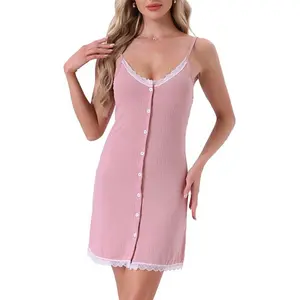 Женская ночная сорочка-камисоль с кружевом и тонкими бретелями Inspire Chic, Pink