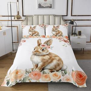 Erosebridal Детский комплект постельного белья с кроликами в розовых цветах и зелеными листьями, весенний сад, Brown Red Green