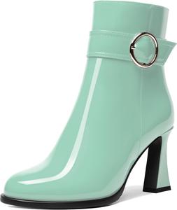 Женские ботильоны AMBELIGHT с круглым носком, для вечеринок, модные, лакированные, однотонные, с молнией, на высоком каблуке 3,3 дюйма, Turquoise