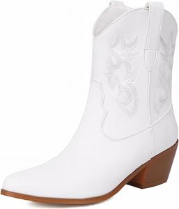 Западные ковбойские сапоги для женщин, короткие сапожки-ковбойки с классической вышивкой, ретро стиль, на толстом каблуке Generic, White