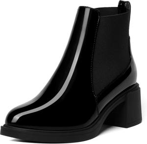Женские офисные ботильоны AMBELIGHT Chelsea с эластичной посадкой, круглым носком, однотонные, массивный средний каблук 2,5 дюйма, Black