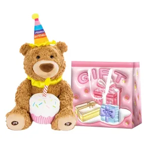 BEAR FORT Поющая плюшевая кукла медвежонок с музыкой, держащий торт, в праздничном колпаке, коллекция медведей, розовый букет, высота 35см