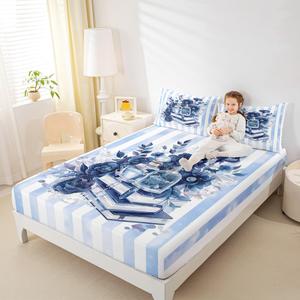 Erosebridal Комплект постельного белья Blue Fashion Queen с романтичным розовым цветочным принтом и сине-белыми полосками, Blue White