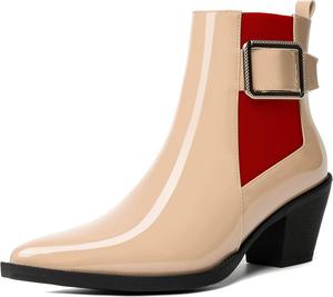 Женские ботильоны MODENCOCO с эластичной вставкой, для свиданий, модные лакированные с острым носком, металлические, на chunky низком каблуке 2,5 дюйма, осень-зима, Red Beige