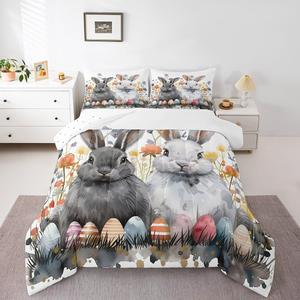 Erosebridal Комплект постельного белья Easter Bunny с пасхальными яйцами и кроликами в деревенском стиле, весенний цветочный дизайн, Grey White