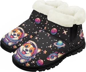 Детские зимние ботинки для мальчиков и девочек, обувь для холодной погоды, прогулочные, с нескользящей подошвой, утепленные мини-ботинки, теплые зимние снежные ботинки Suhoaziia, Astronaut Puppy Planet