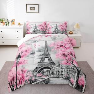 Erosebridal Комплект постельного белья Paris Eiffel Tower в стиле винтаж с розовым цветочным принтом, дышащий материал, Grey Pink
