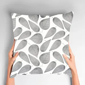 Декоративная подушка Ila, наволочка, белый фон, серые листья, минимализм, элегантный Queence, белый