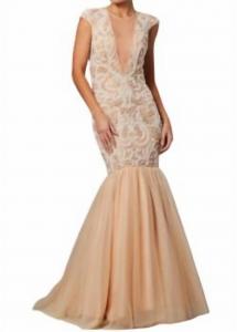 Платье-русалка с короткими рукавами в цвете Nude JOVANI