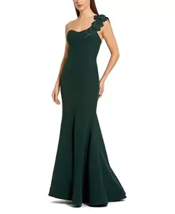 Платье-Русалка из крепа на одно плечо, расшитое бисером и цветами. Mac Duggal, зеленый
