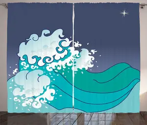 Штора ABAKUHAUS Японская волна в деревенском стиле, Океанские завитки (морские волны), присборенная штора для спальни с петлями и крючками, 280 x 225 см, бирюзовый, темно-индиго Abakuhaus