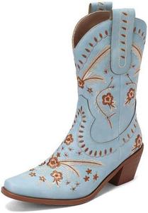 Женские сапоги-флора коровьей ковбойской вышивки, обувь для рейви, для девушек - сексуальные ковбойские ботильоны с широкой средней голенью на платформе с низким каблуком, милый ретро-носок, поддержка свода стопы, кожаные комфортные ботинки Zenrave, Blue