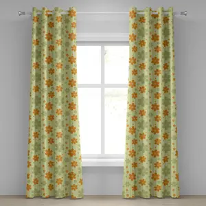 Шторы на люверсах ABAKUHAUS с цветочным рисунком, большие и маленькие, с цветочным рисунком, на полосатом фоне, в стиле ретро, с натуральным рисунком, декоративные, двухпанельные, 280 см x 175 см, бледно-зеленый, оранжевый Abakuhaus