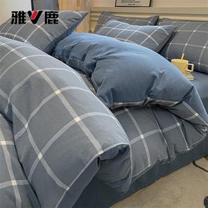 Yalu Комплект постельного белья из 4 предметов (простыня на резинке 180 см, пододеяльник 200х230 см), хлопок, цвет Gray Large Grid + Blue-Gray