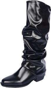 Женские сапоги до колена, свободного силуэта, с жатой и отворотом, высокие сапоги на массивном каблуке, длинные с молнией, с заостренным носком, нарядные высокие ботильоны Generic, Black