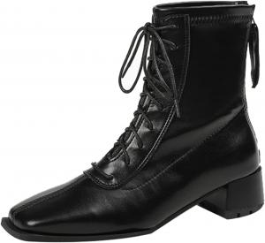 Женские ботинки TNXZ на шнуровке с высокой щиколоткой, 4,5 см, из искусственной кожи, боевые ботинки со средним каблуком, квадратный носок, молния сзади, женские ботинки до середины голени, Black