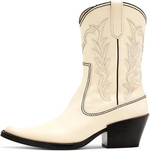 Женские классические ботильоны FOWT с заостренным носком, вышивкой и резинкой на щиколотке, ретро с массивным низким каблуком, ковбойские ботинки для осени и зимы, повседневные, вестерн, размеры 4-16 США, Beige