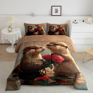 Erosebridal Комплект постельного белья Otter Comforter Set с цветочным принтом, морской тематикой и милыми животными, Brown,red