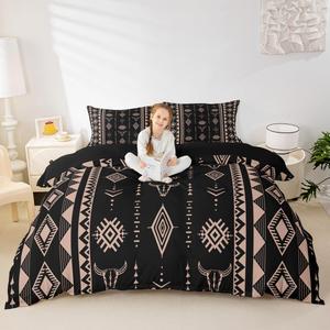 Erosebridal Комплект постельного белья Bull Skull Western Aztec Boho с этническим принтом рогов в черном цвете, Multi 21