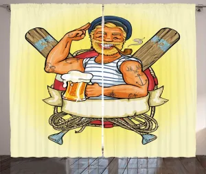 Штора ABAKUHAUS Морская вечеринка в деревенском стиле, мультяшный моряк, универсальная тесьма для гостиной с петлями и крючками, 280 x 225 см, пастельно-желтый многоцветный Abakuhaus