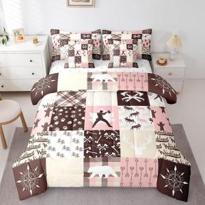 Erosebridal Комплект постельного белья Wildlife с принтом в стиле лесной тематики, включающим оленей, медведей и племенные символы, из мягкого материала розово-коричневого цвета, Brown Pink