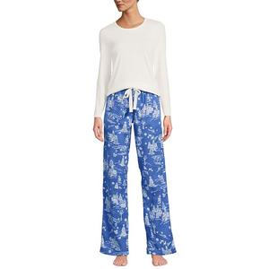 Женский комплект: вязаный топ с длинным рукавом и пижамные брюки из фланели Lands' End, Cobalt Wintr Village