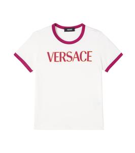 Футболка из хлопкового джерси с логотипом Versace Kids, White+Garnet Red+Spicy Honey
