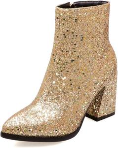 Женские блестящие блестящие ботильоны с заостренным носком, молнией, массивным высоким каблуком и короткой длиной JOEUSTY, Gold Golden-Velvet Lined