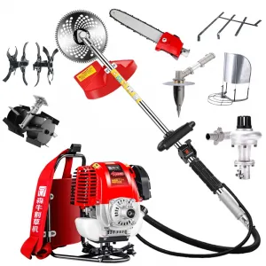 Четырехтактная ранцевая газонокосилка SENNIU 139T, газонокосилка, бензиновый двигатель + прополочное колесо + скарификатор + высокая пила для веток + водяной насос + дымовой шнек + опора для риса + опорная рама для травы