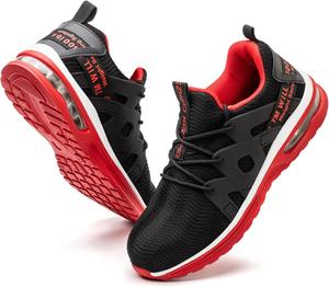 Стальные ботинки Kezhiho с закрытым носком для мужчин и женщин, легкая рабочая обувь с воздушной подушкой, удобные, дышащие, проколостойкие, противоскользящие кроссовки, неразрушимые, для строительства и промышленной безопасности, черный/красный