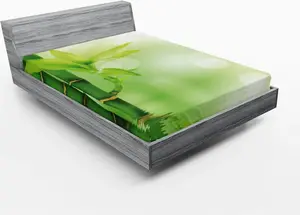 Простыня на резинке ABAKUHAUS Plant, китайская экологическая тема, изображение бамбука, вырастающего из спокойной безмятежности воды, 120 x 190 см, изумрудно-зеленый Abakuhaus