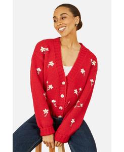 Женский кардиган крупной вязки с ручной вышивкой Yumi, Red
