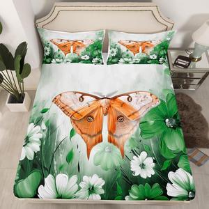 Erosebridal Фиттед простыня Moth Daisy Flowers с принтом бабочек и животных в стиле бохо, желто-зеленый градиент, Yellow Green