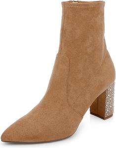 Женские ботильоны FOWT с заостренным носком, блестящие, массивный высокий каблук, короткие ботинки, широкий голеностоп, боковая молния, размер 4-16 США, Brown