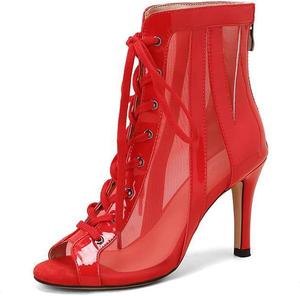 Женские сексуальные джазовые современные танцевальные туфли JXUZY с сеткой, на шнуровке, с высоким каблуком-кубиком, летние ботильоны Generic, D595-Red 8.5Cm