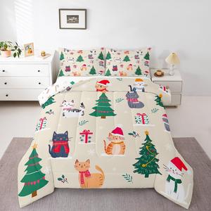 Erosebridal Комплект постельного белья Cartoon Cat с рождественской тематикой и милыми котятами, бежевый, Green Grey Red White Beige