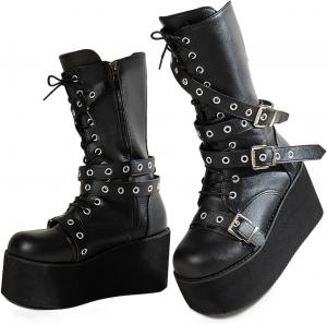 Женские сапоги средней длины с платформой с боковой молнией, в готическом и панк стиле, боевые ботинки скубита на высокой танкетке, с круглым носком и шнуровкой ZPRGZPG, Black