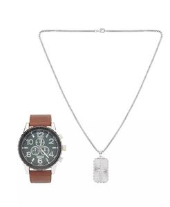 Мужские аналоговые часы 48 мм с черным полиуретановым кожаным ремешком и ожерельем с подвеской, подарочный набор American Exchange, коричневый