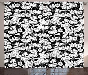 Штора ABAKUHAUS Jasmine Rustic, узор Цветущий жасмин, присборенная тесьма для спальни с петлями и крючками, 280 x 245 см, цвет: антрацитовый серый и белый Abakuhaus