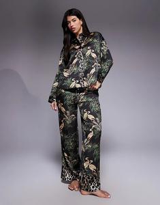 Пижамный комплект River Island из сатина с принтом птиц, черный