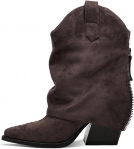 Женские ботильоны с отворотом на щиколотке, массивный средний каблук, ретро с острым носком, боковой молнией, короткие ботинки на каблуке для женщин, осень-зима MOTIMODEN, Brown-Suede