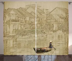 Штора ABAKUHAUS Vintage Boat Rustic, вьетнамский пейзаж, универсальная ленточная штора для гостиной с петлями и крючками, 280 x 175 см, цвет сепия-бежевый Abakuhaus