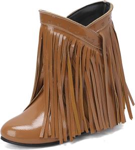 Женские ботильоны Elbslutt с бахромой, на широкую икру, на танкетке, с круглым носком, из лакированной кожи, с кисточками, Brown