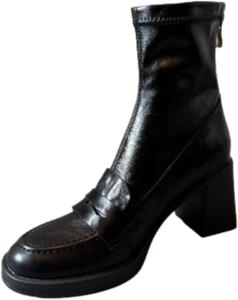 Ретро лоферы-ботильоны с круглым носком, массивным каблуком и задней молнией, минималистичный стиль челси на молнии для женщин, стройнящие повседневные кожаные ботинки ZQW, Black