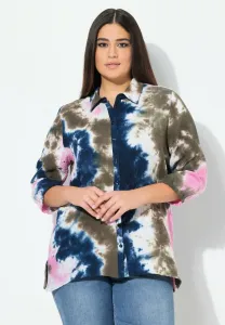 Блузка с рукавами 3/4 и пуговицами, окрашенная в технике тай-дай. Ulla Popken, Marine