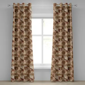 Штора на люверсах Пираты от ABAKUHAUS, с рисунком старинного свитка с пиратской картой сокровищ, концепция Истории приключений, декоративная, двухпанельная, 280 см x 175 см, цвет светло-коричневый, белый, серый Abakuhaus