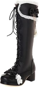 Женские ботильоны MEOTINA с жемчужинами, каблук-блок, кавай, высокие до колена, с бантом, шнуровкой, на платформе, зимние, Black