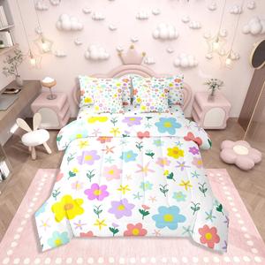 Erosebridal Комплект постельного белья Cute Flower Kids Cartoon Daisy Floral с цветочным принтом, включает пододеяльник, простыни и наволочки, красные, желтые и синие оттенки, Blue Red Purple Blue