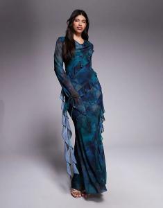 Платье макси Daska из шифона с воланами и темным цветочным принтом