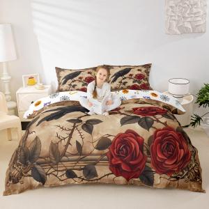 Erosebridal Комплект постельного белья Halloween Crow с черными воронами и цветочными ветвями в тематике дикой природы, Black Brown